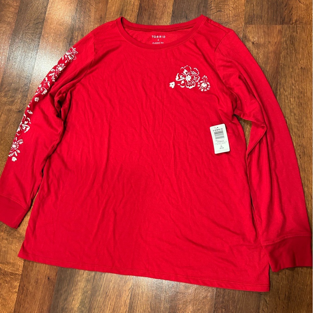 Torrid Women's Plus 2X Red Hibiscus Hawaiian Long Sleeve Classic Fit NWT